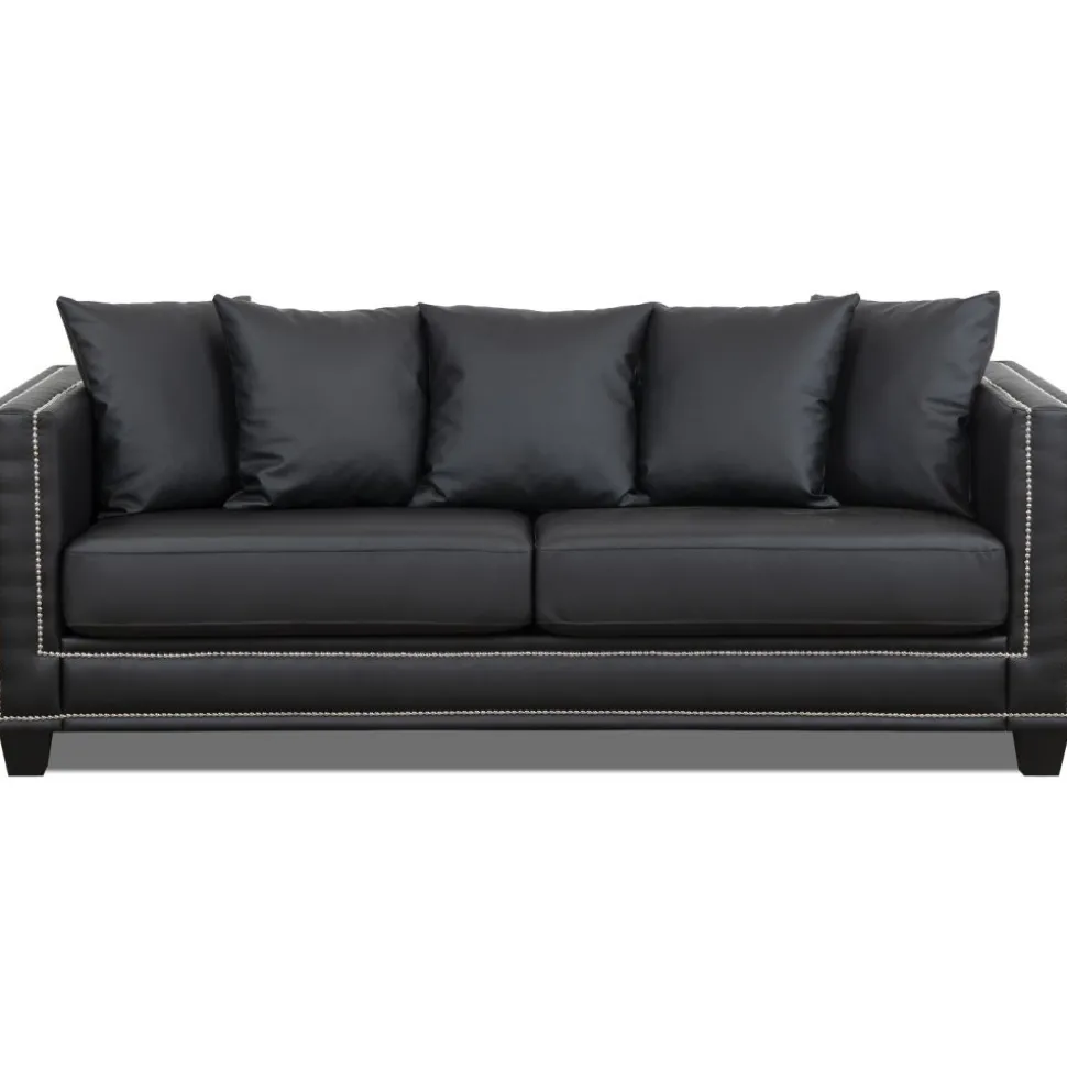 Soffa 3-sits i svart PU med nitar - 217 cm bred