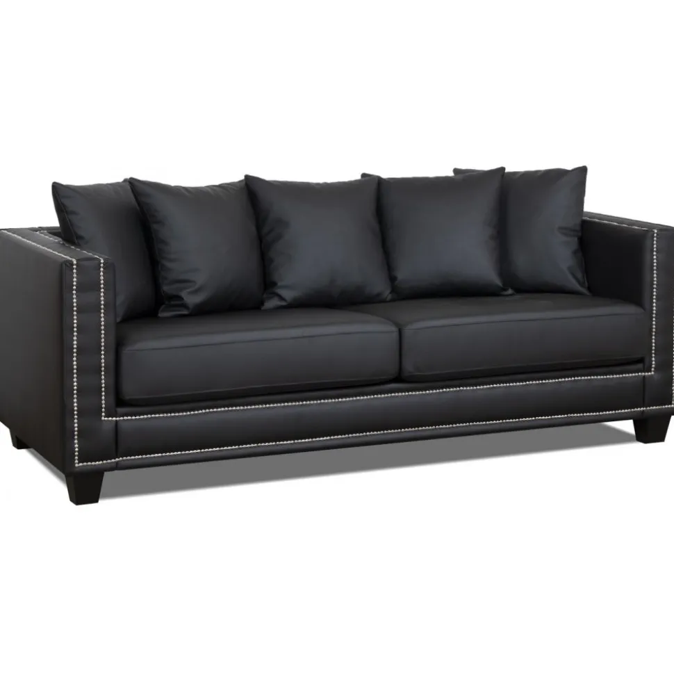 Soffa 3-sits i svart PU med nitar - 217 cm bred