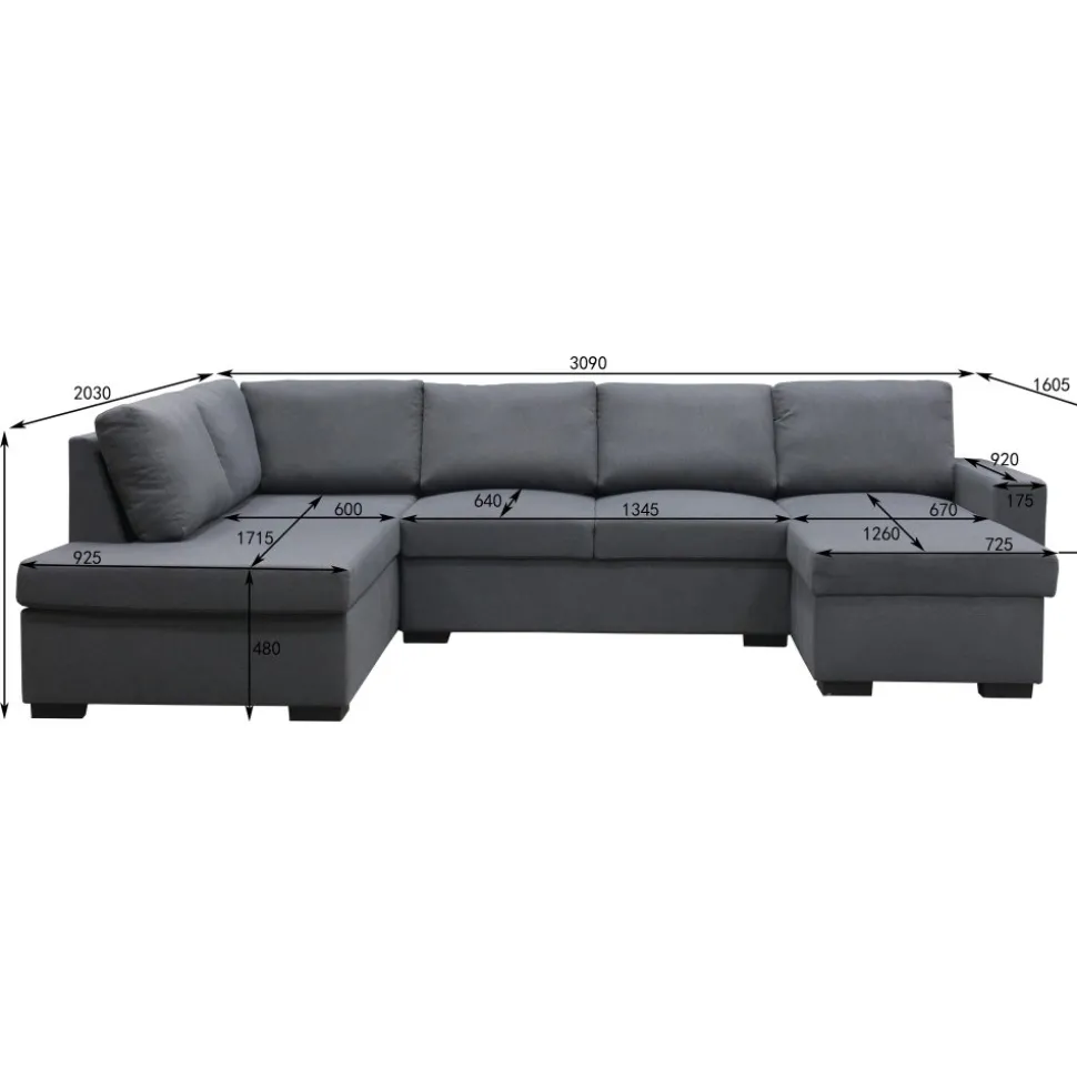 Soffa u-soffa 309 cm mörkgrått tyg - Solna