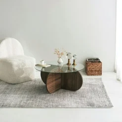 Soffbord i valnöt med glasskiva + Möbeltassar