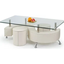 Soffbord med sittpuffar 130 x 70 cm - Cemefärgat PU