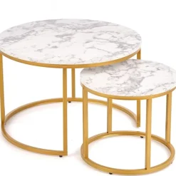 Soffbord set med 2 st Ø38/60 cm - Vit marmoreffekt/guld