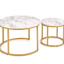 Soffbord set med 2 st Ø38/60 cm - Vit marmoreffekt/guld