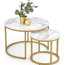 Soffbord set med 2 st Ø38/60 cm - Vit marmoreffekt/guld + Möbeltassar