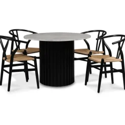 Sumo matgrupp Ø105 cm inkl. 4 st Brandon svarta matstolar - Svartbets / Silver marmor + 3.00 x Möbeltassar