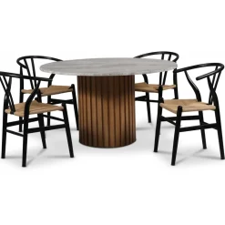 Sumo matgrupp Ø130 cm inkl. 4 st Brandon svarta matstolar - Oljad ek / Silver marmor + 4.00 x Stolsdyna