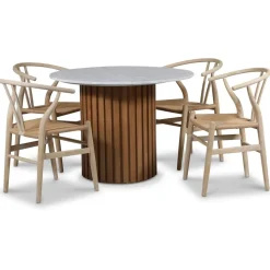 Sumo matgrupp Ø105 cm inkl. 4 st Brandon matstolar whitewash - Oljad ek / Ljus marmor + 3.00 x Möbeltassar