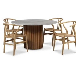 Sumo matgrupp Ø130 cm inkl. 4 st Brandon matstol - Oljad ek / Silver marmor