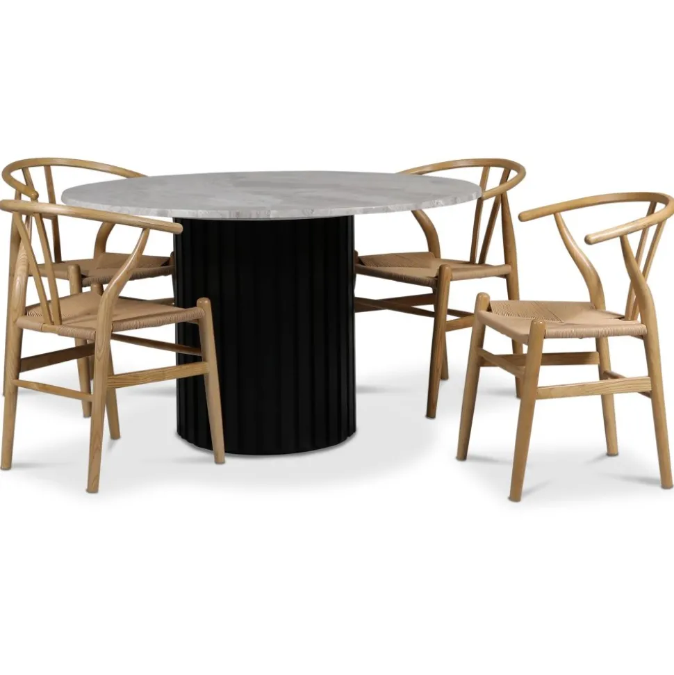 Sumo matgrupp Ø130cm inkl. 4 st Brandon matstolar - Svartbets / Silver marmor + 3.00 x Möbeltassar