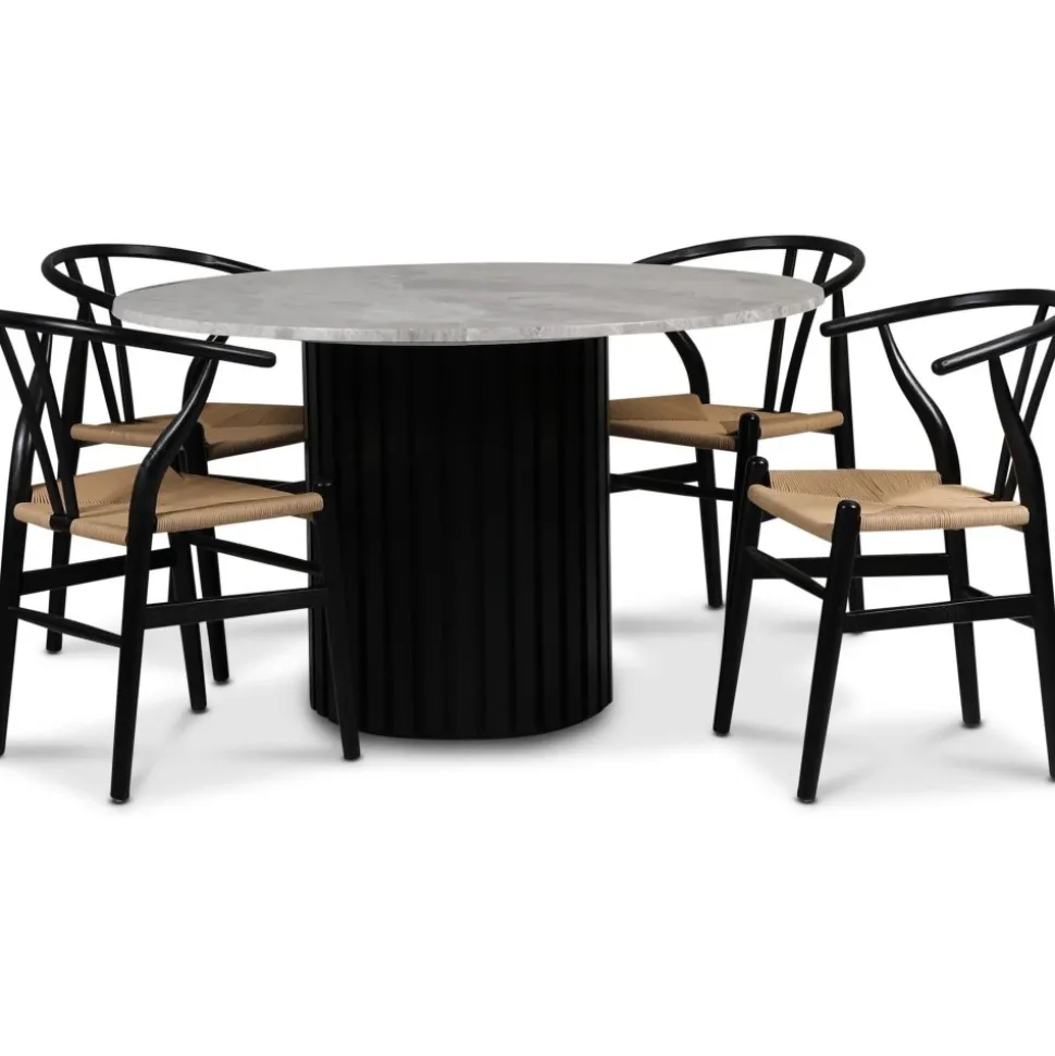 Sumo matgrupp Ø130cm inkl. 4 st Brandon svarta matstolar - Svartbets / Silver marmor + 4.00 x Stolsdyna