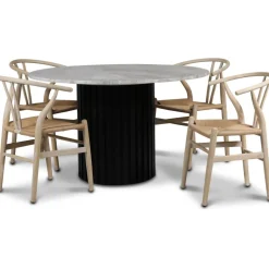 Sumo matgrupp Ø130cm inkl. 4 st Brandon matstolar whitewash - Svartbets / Silver marmor + 3.00 x Möbeltassar