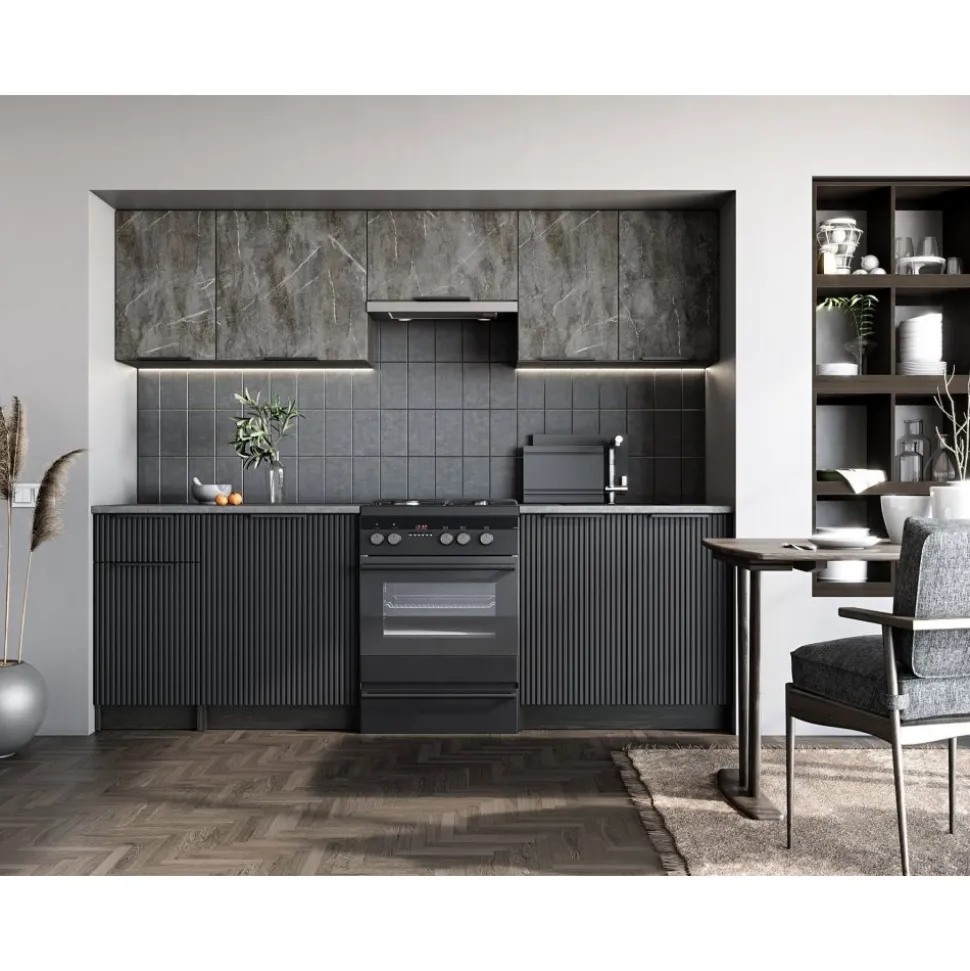 Tamara komplett kök 240 cm - Grå marmor/svart/grå