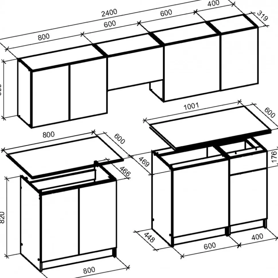 Tamara komplett kök 240 cm - Grå marmor/svart/grå