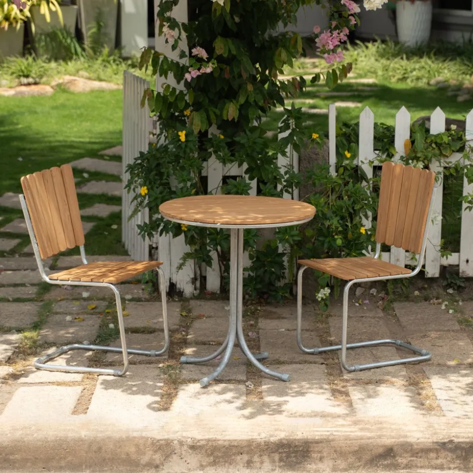 Teakstol med galvat stål, stapelbar - Möllan