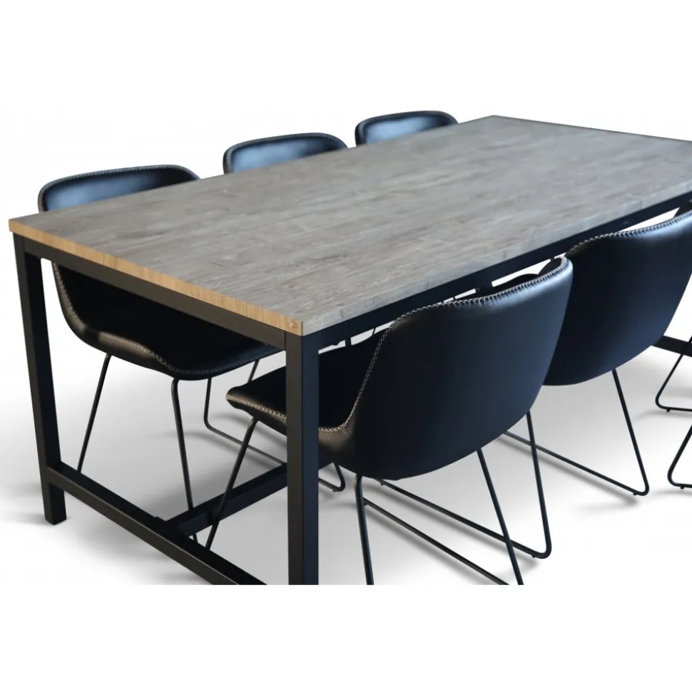 Texas matgrupp med 6 st Texas matstolar Svart PU + Texas matbord whitewash 180x90 cm + 6.00 x Stolsdyna