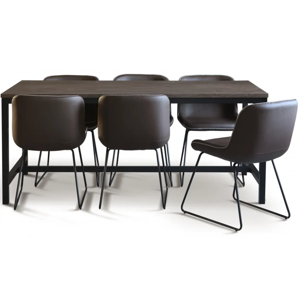 Texas matgrupp med 6 st Texas matstolar Brun PU + Texas matbord mörkbrun ek 180x90 cm