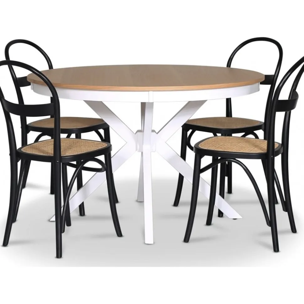 Tromsö matgrupp; runt matbord Vit / Ek med 4 st Danderyd No.16 matstolar Svart + 4.00 x Stolsdyna