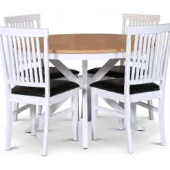 Tromsö matgrupp; runt matbord 120 cm - Vit / oljad ek med 4 st Fårö stolar med sits i svart PU