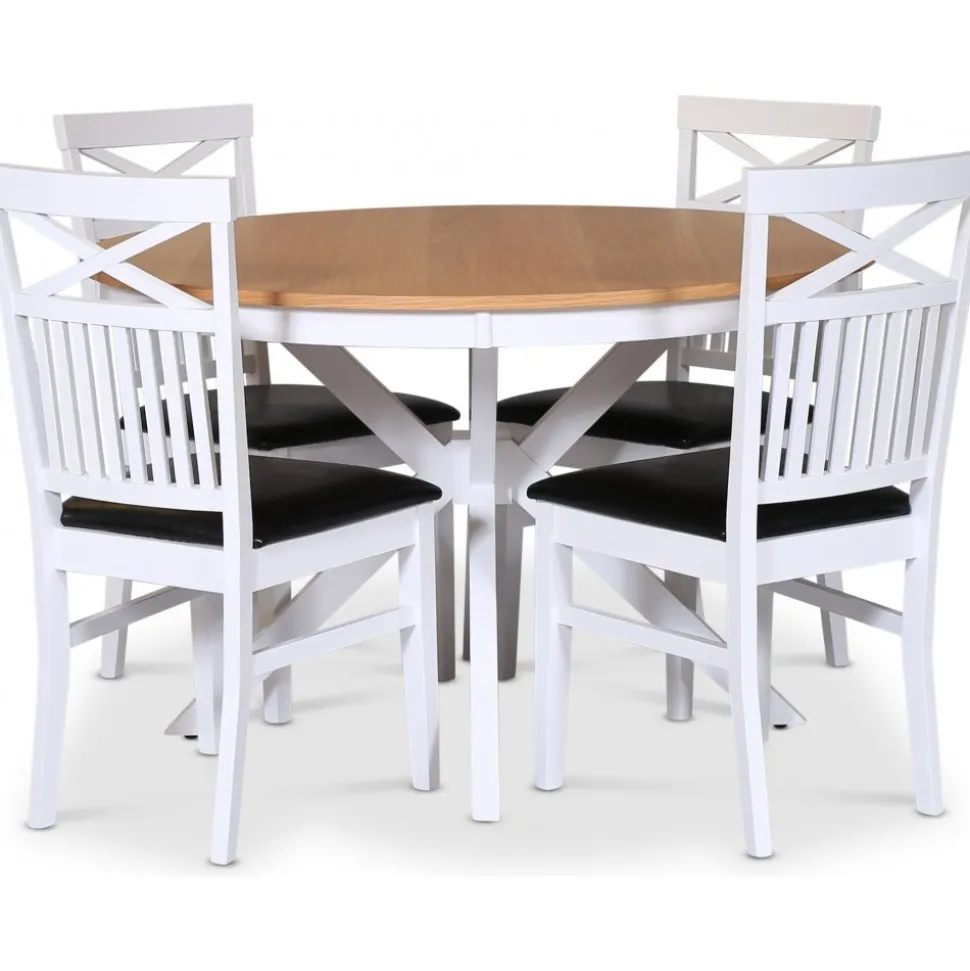 Tromsö matgrupp; runt matbord 120 cm - Vit / oljad ek med 4 st Fårö stolar med kryss i rygg, sits i svart PU + 3.00 x Möbeltassar