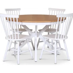 Tromsö matgrupp; runt matbord 120 cm - Vit / oljad ek med 4 st vita Karl pinnstolar + 3.00 x Möbeltassar