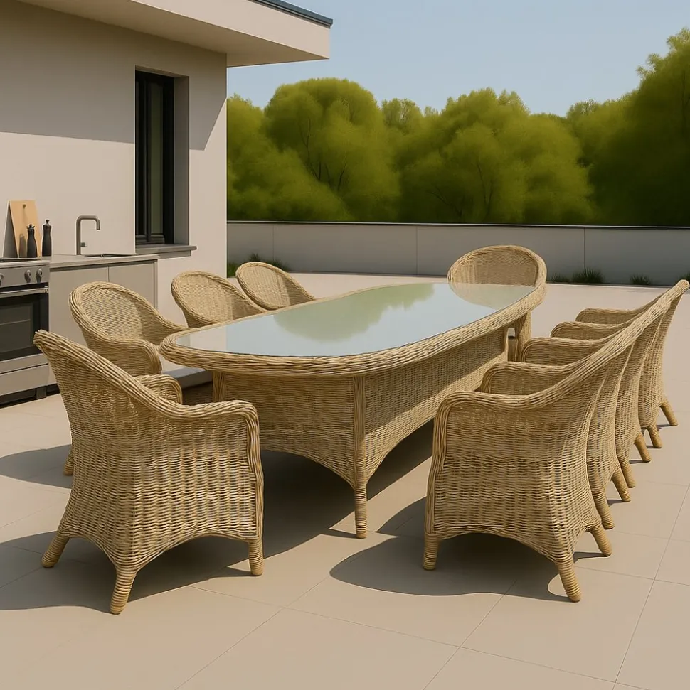 Utefåtölj i beige rotting - Mercury + Textilrengöring för möbler