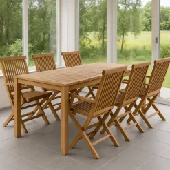 Utegrupp: 6 stolar och matbord 210 x 90 cm teak - Saltö