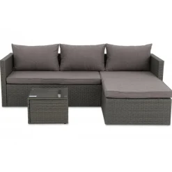 Utegrupp; divansoffa med bord i grå rotting + Möbeltassar