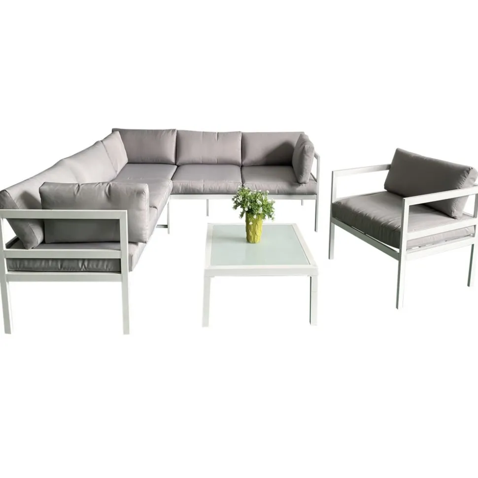 Utegrupp med bord och hörnsoffa i vit aluminium + Rengöringsmedel för utemöbler