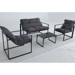 Utegrupp; soffa + 2 st fåtöljer + soffbord Svart/grå - Kreta + Textilskydd för utemöbler