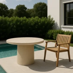 Utematbord runt Ø122 cm travertin + Textilskydd för utemöbler