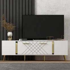 Vit TV-bänk med gulddetaljer - 150 cm