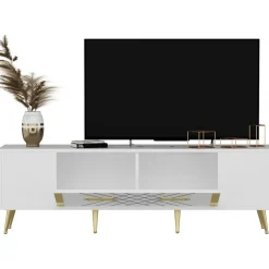 Vit TV-bänk med gulddetaljer - 150 cm