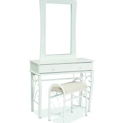Vitt sminkbord med spegel och pall