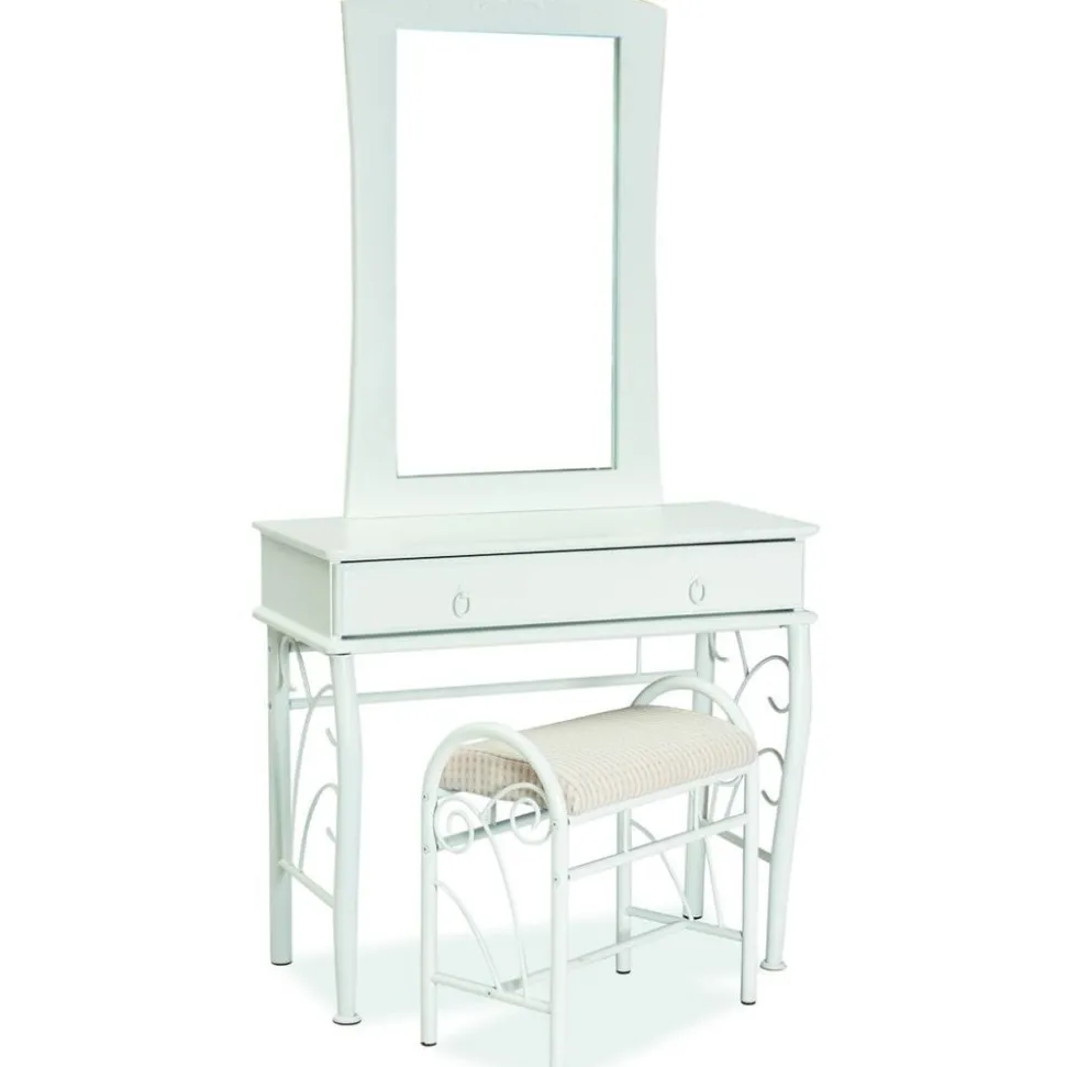 Vitt sminkbord med spegel och pall